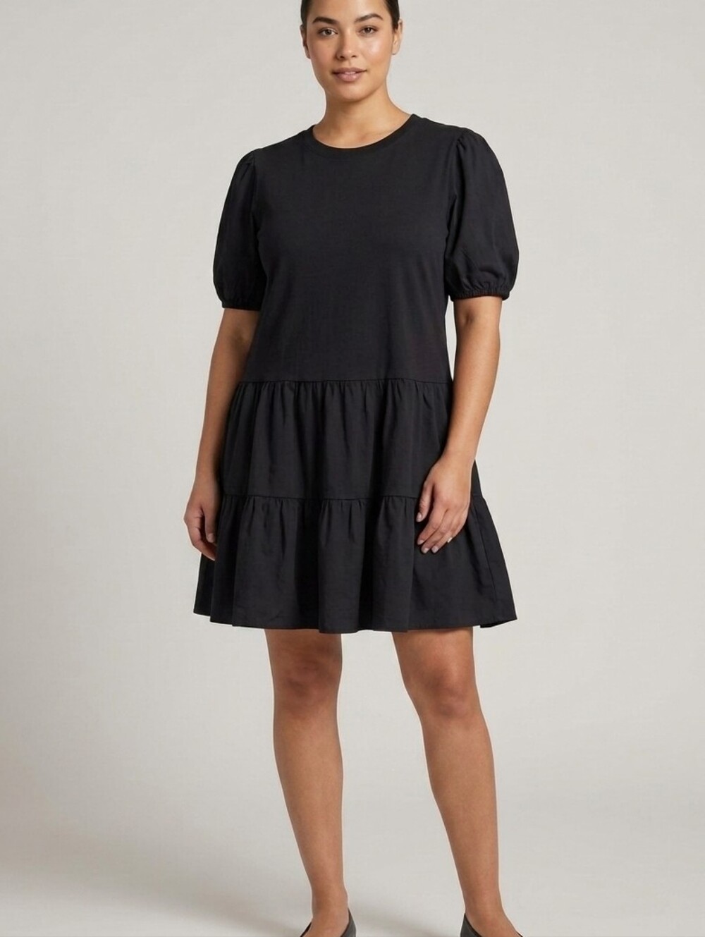 Retrod Black Puff-Sleeve Tiered Mini Dress Size Small 100% Cotton